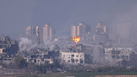 Smoke rises from an explosion in Gaza on October 28, 2023