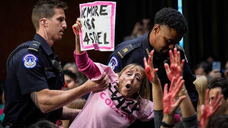 An anti-Israel protestor is removed by US Capitol police after disrupting a Senate hearing on Tuesday in Washington.