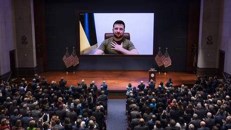 FILE PHOTO. Ukrainian President Volodymyr Zelenskyy speaks to the U.S. Congress by video to plead for support as his country is besieged by Russian forces, at the Capitol in Washington, Wednesday, March 16, 2022.