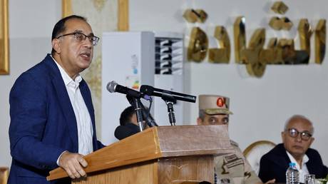 Egyptian Prime Minister Mostafa Madbouly speaks during a visit to the city of Al-Arish, some 45km from the Rafah border crossing with Gaza on October 31, 2023.