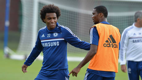 Chelsea's Willian, Samuel Eto'o during a training session at the Cobham Training Ground on 10th September 2013 in Cobham, England