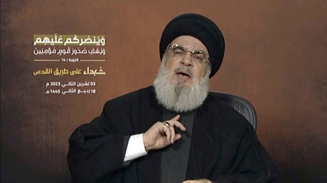Hezbollah leader Hassan Nasrallah speaks via a video link during a rally in Beirut, Lebanon, November 3, 2023