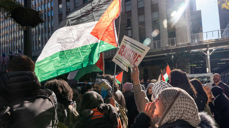 City University of New York students and other supporters of Palestine hold a rally in midtown Manhattan, November 2, 2023, New York City