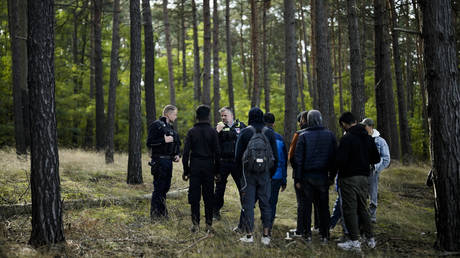 A Federal Police officer speaks to a group of migrants who have illegally crossed the border from Poland near Forst, Germany, October 11, 2023