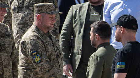 FILE PHOTO. Ukrainian President Volodymyr Zelensky shakes hands with Commander-in-Chief of the Armed Forces of Ukraine Valerii Zaluzhny during the official celebration of Ukrainian Independence Day in Kyiv, Ukraine.