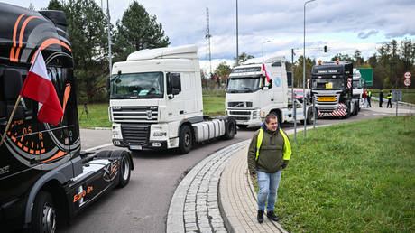 Polish truck drivers block main Polish Ukrainian border crossing in Korczowa, Poland on November 06, 2023.