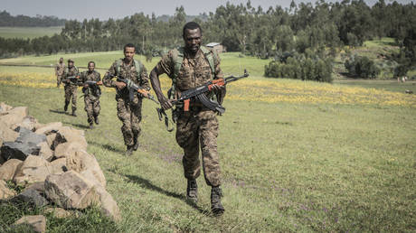 FILE PHOTO. Ethiopian National Defence Forces (ENDF) soldiers train in the field of Dabat, Ethiopia.