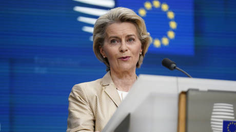 EU Commission President Ursula von der Leyen talks with media at press conference at the end of EU Leaders Summit on October 27, 2023 in Brussels, Belgium.