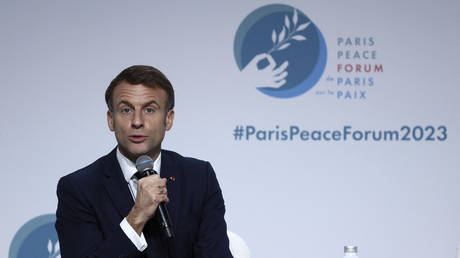 French President Emmanuel Macron delivers a speech at the Paris Peace Forum, in Paris, November 10, 2023