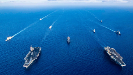 The Dwight D. Eisenhower Carrier Strike Group sails alongside the Gerald R. Ford Carrier Strike Group in the Mediterranean Sea, Nov. 3, 2023