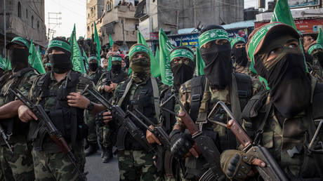 FILE PHOTO: Palestinian Hamas militants are seen during a military show in the Bani Suheila district in Gaza City, Gaza.