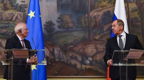 FILE PHOTO. Russian Foreign Minister Sergey Lavrov (right) and EU High Representative for Foreign Affairs and Security Policy Josep Borrel during a press conference following a meeting at the Reception House of the Russian Foreign Ministry.