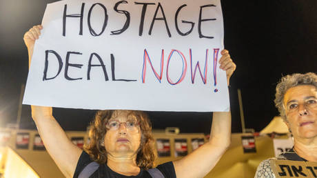 Relatives of hostages held by Hamas in the Gaza Strip hold a demonstration on Sunday in Tel Aviv.