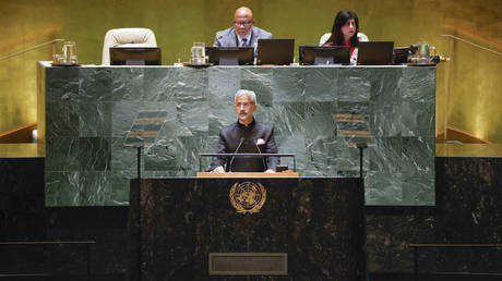 Indian Foreign Minister Subrahmanyam Jaishankar addresses the UN General Assembly in New York City, September 26, 2023.