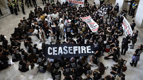 Demonstrators hold a rally demanding a cease fire in Gaza in the rotunda of the Cannon House Office Building on October 18, 2023 in Washington, DC