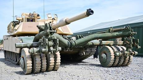 FILE PHOTO: A US Army M1A1 Abrams tank with mine roller used in training Ukrainian crews in Grafenwoehr, Germany.