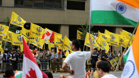 Pro-Khalistan supporters gather for a demonstration in front of the Consulate General of India in Toronto, Ontario, Canada on July 8, 2023. Pro-India counter protestors also gathered outside the Indian Consulate for a counter protest.