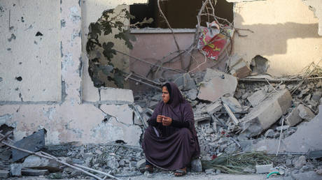 Palestinian citizen inspects their home destroyed during Israeli air raids in the southern Gaza Strip on October 17, 2023 in Khan Yunis, Gaza