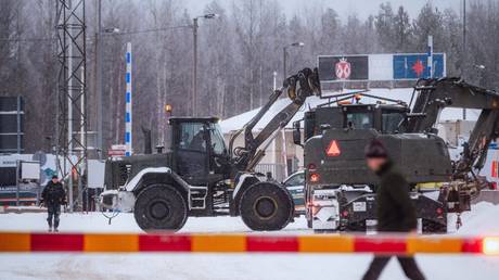 Vehicles of the Finnish Defence Forces (FDF) at the Vartius border station in Kuhmo, Eastern Finland, on November 19, 2023.