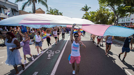 FILE PHOTO: Parade participants carry a Trans Rights flag during San Diego Pride Parade on July 15, 2023 in San Diego, California.