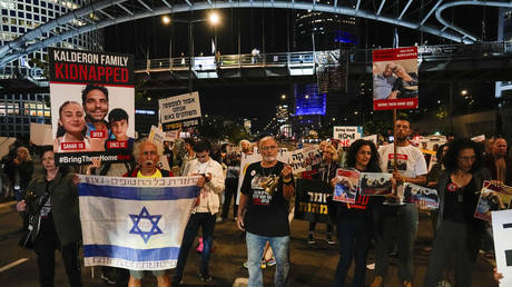 Families and friends of around 240 hostages held by Hamas in Gaza call for Israeli PM Benjamin Netanyahu to bring them home at a demonstration in Tel Aviv, Israel, Nov. 21, 2023