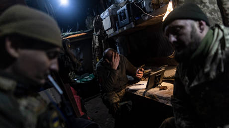 Ukrainian soldiers inside a shelter near Artyomovsk (known as Bakhmut in Ukraine), November 17, 2023