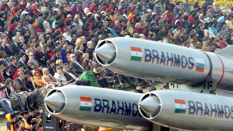 Brahmos cruise missiles, built by India and Russia, are paraded in front of spectators during India's Republic Day celebrations in New Delhi, 26 January 2004.