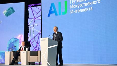 Russian President Vladimir Putin speaks at the plenary session of the Artificial Intelligence Journey 2023 conference in Moscow