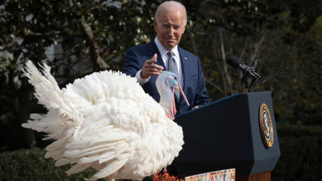 US President Joe Biden issues a ceremonial pardon to the national Thanksgiving turkey on Monday at the White House.