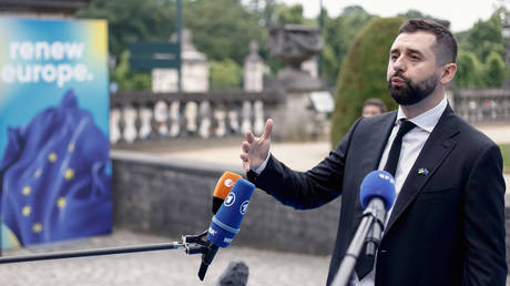 FILE PHOTO: Leader of the Servant of the People's Political Party of Ukraine David Arakhamia talks to the media as he arrives for the Renew Europe Leader's pre-summit meeting, in Brussels, on June 29, 2023.