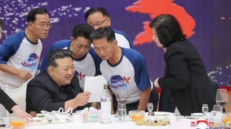 North Korean leader Kim Jong-un at a banquet celebrating the launch of a reconnaissance satellite in Pyongyang, November 23, 2023.