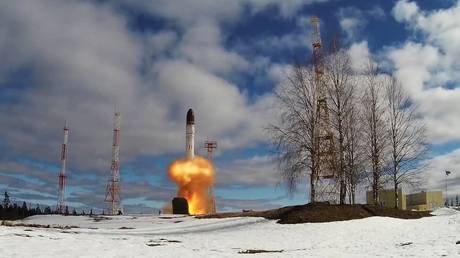 FILE PHOTO: A Sarmat ICBM test launch from the Plesetsk cosmodrome in Russia.