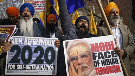 Members of Sikhs For Justice rally against Prime Minister of India Narendra Modi in Lafayette Square across the street from the White House on February 18, 2020 in Washington, DC.
