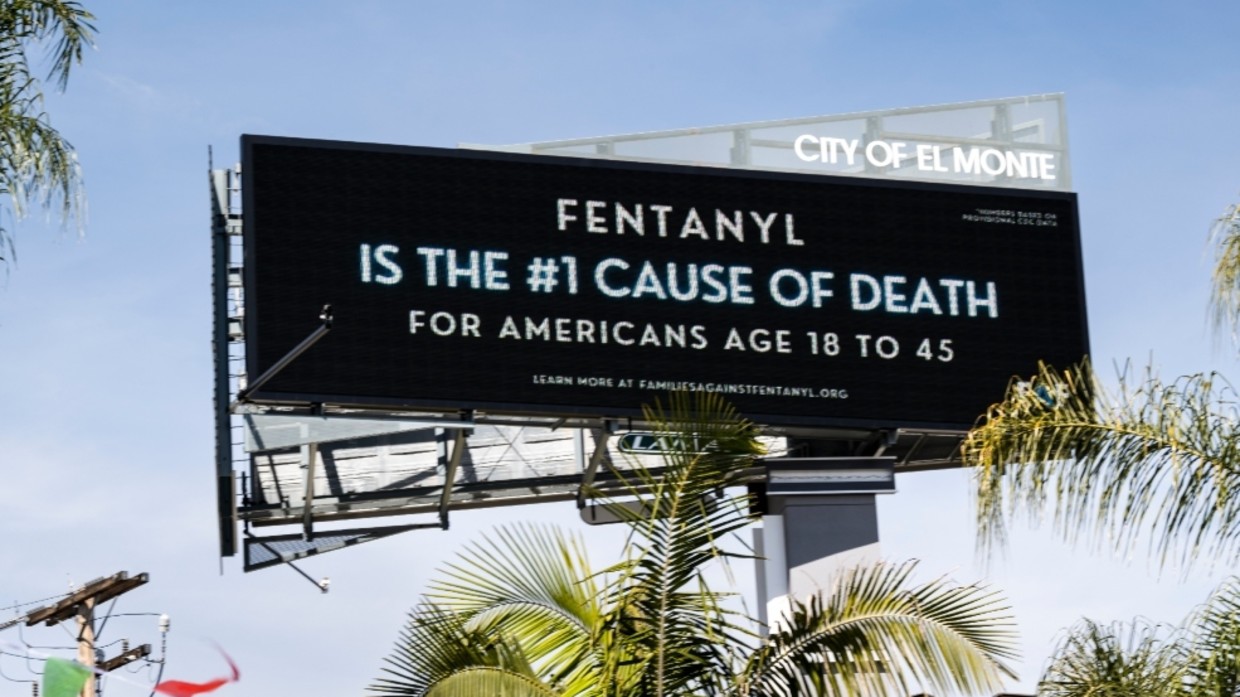 FILE PHOTO: A billboard put up by Families Against Fentanyl displays their message on the 10 freeway near Peck Road in El Monte, California, on April 6, 2023.
