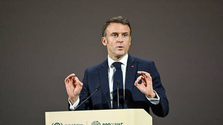 Emmanuel Macron speaks at the UNFCCC COP28 Climate Conference at Expo City Dubai on December 2, 2023