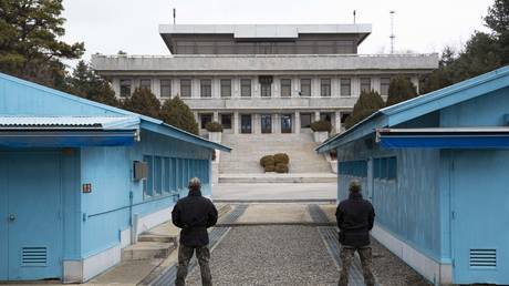 South Korean soldiers stand guard in the truce village of Panmunjom inside the demilitarized zone (DMZ) separating South and North Korea on March 03, 2023 in Panmunjom, South Korea