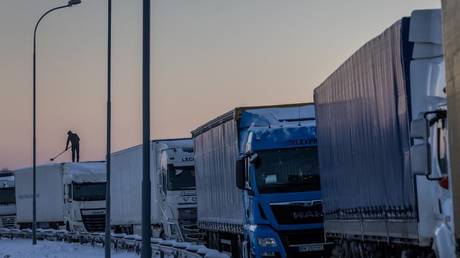 Polish trucks block access to the Poland-Ukraine border crossing in Hrebenne, Poland, December 4, 2023