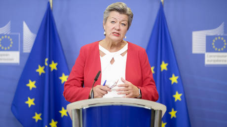 EU Commissioner for home affairs Ylva Johansson is talking to media in the VIP corner of the Berlaymont, the EU Commission headquarter on October 7, 2021 in Brussels, Belgium