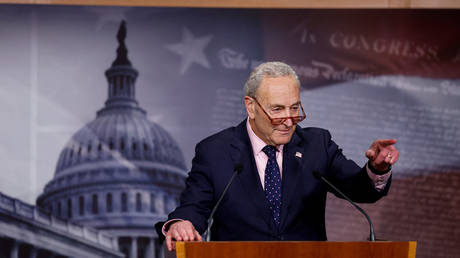 US Senate Majority Leader Chuck Schumer gives remarks at a press conference in the US Capitol Building on November 15, 2023 in Washington, DC.