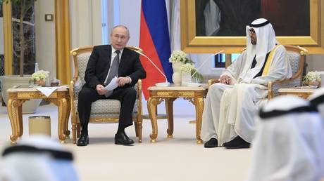 Russian President Vladimir Putin and President of the United Arab Emirates Sheikh Mohamed bin Zayed Al Nahyan attend a meeting at Qasr Al Watan Palace in Abu Dhabi, United Arab Emirates.