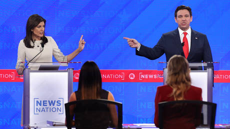 Candidates Nikki Haley and Ron DeSantis trade barbs during the Republican primary debate in Tuscaloosa, Alabama