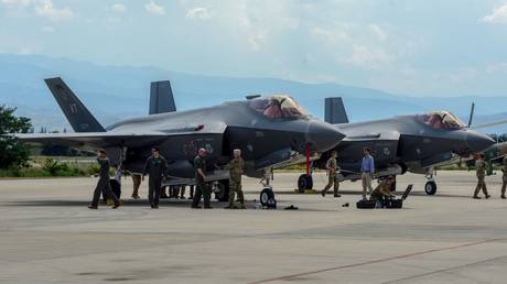 FILE PHOTO: Two U.S. Air Force F-35 Lightning II aircraft at the international airport Petrovec near Skopje, on June 17, 2022.
