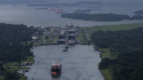 Ships pass through the Aqua Clara locks in Colon, Panama, September 20, 2023.