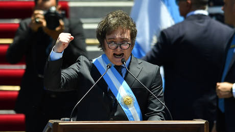 Argentine President Javier Milei gives his inaugural address on Sunday in Buenos Aires.