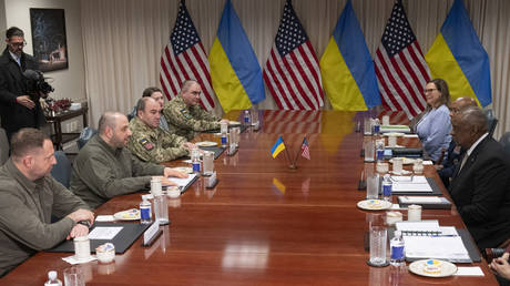 US Defense Secretary Lloyd Austin meets with Ukrainian Defense Minister Rustem Umerov at the Pentagon in Washington, DC.