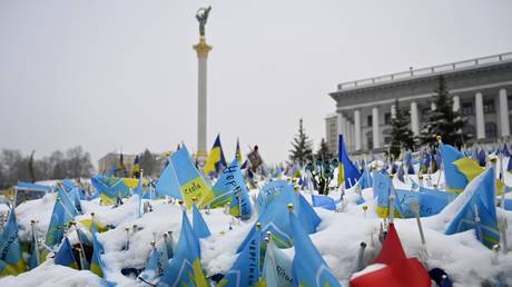 FILE PHOTO: Ukrainian flags symbolizing fallen soldiers in Kiev's Independence Square.