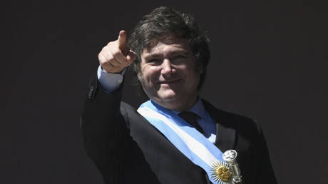 Javier Milei at he Casa Rosada government palace during his inauguration day in Buenos Aires on December 10, 2023