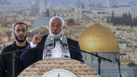 FILE PHOTO: The head of Hamas' political bureau, Ismail Haniyeh, speaks at a rally in Saida, Lebanon, June 26, 2022.