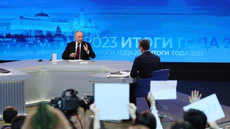 Russian President Vladimir Putin holds a major press conference in Moscow, Russia, on December 14, 2023.
