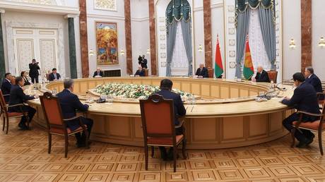Belarusian President Alexander Lukashenko hosts a meeting of the security and intelligence chiefs of CIS member states on December 14, 2023 in Minsk.